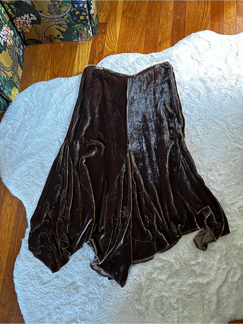 Anthropologie Odille Brown Velvet Panel Asymmetrical Silk Beaded Fairy Skirt 4